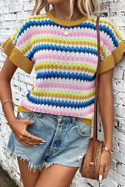 TEEK - Striped Multicolor Short Sleeve Sweater