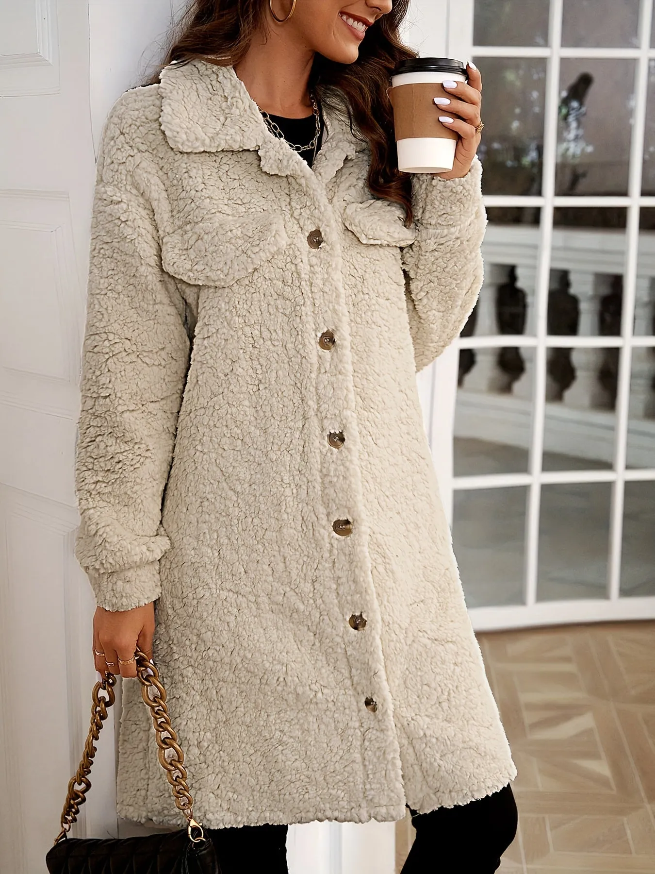 Womens Winter Teddy Coat ButtonFront Casual Outerwear