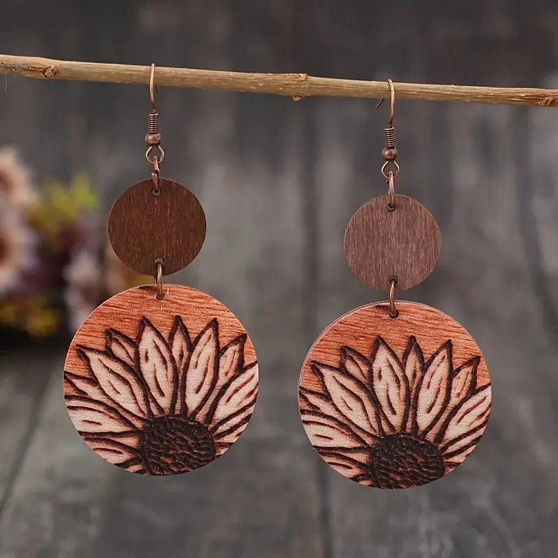 Wood Burned Sunflower Double Circle Earrings