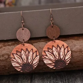 Wood Burned Sunflower Double Circle Earrings